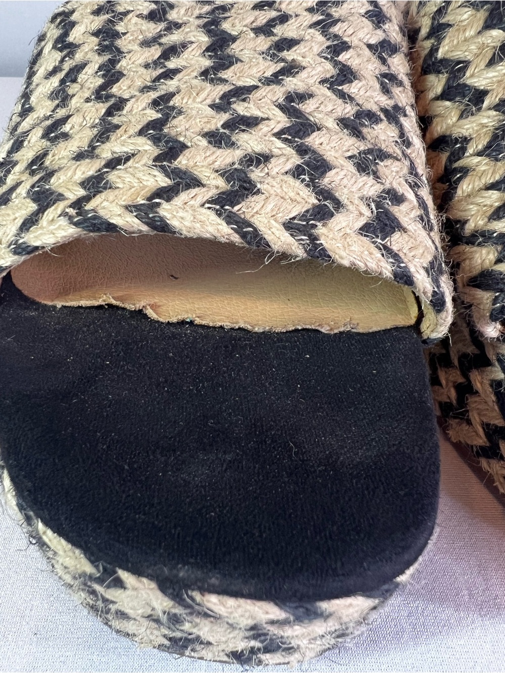 Lucky Brand Beffani Wedge Sandals Size 9 Black Cream Woven Jute Espadrille Boho - Picture 6 of 12